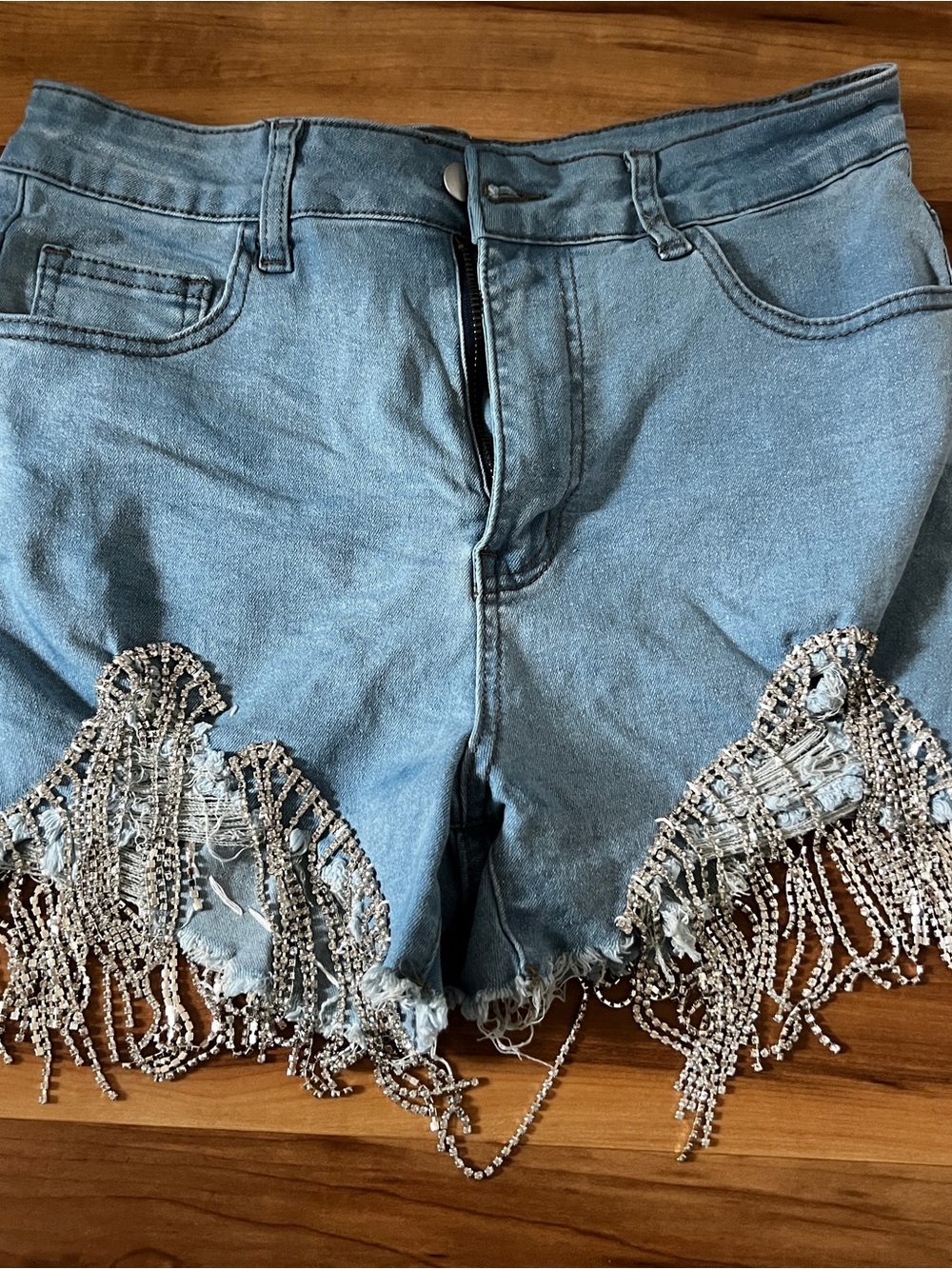 SHEIN Light Blue Denim Shorts with Silver Rhinestone Fringe